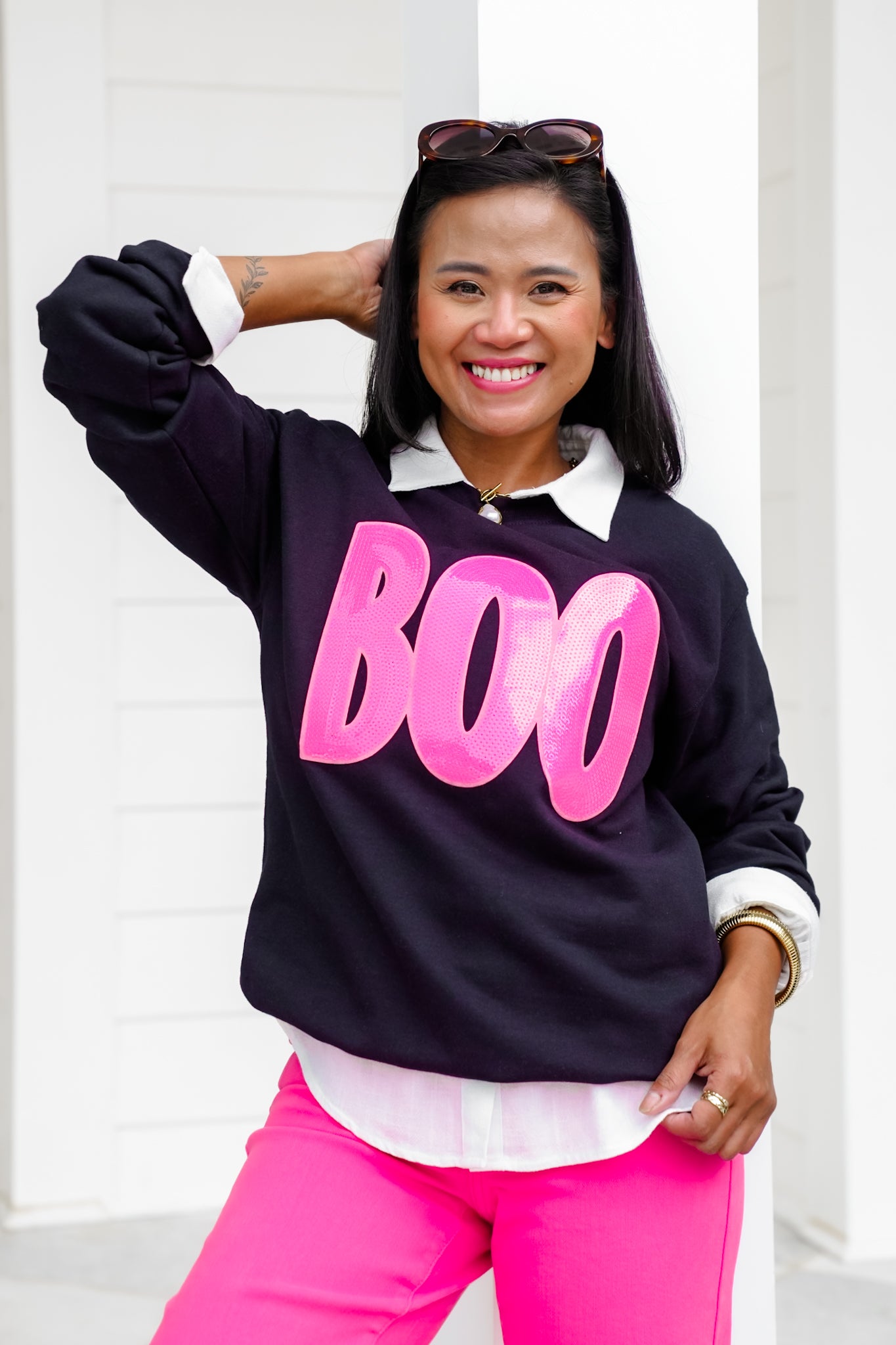Plus/Reg Black Long Sleeve "Boo" Graphic Sweatshirt