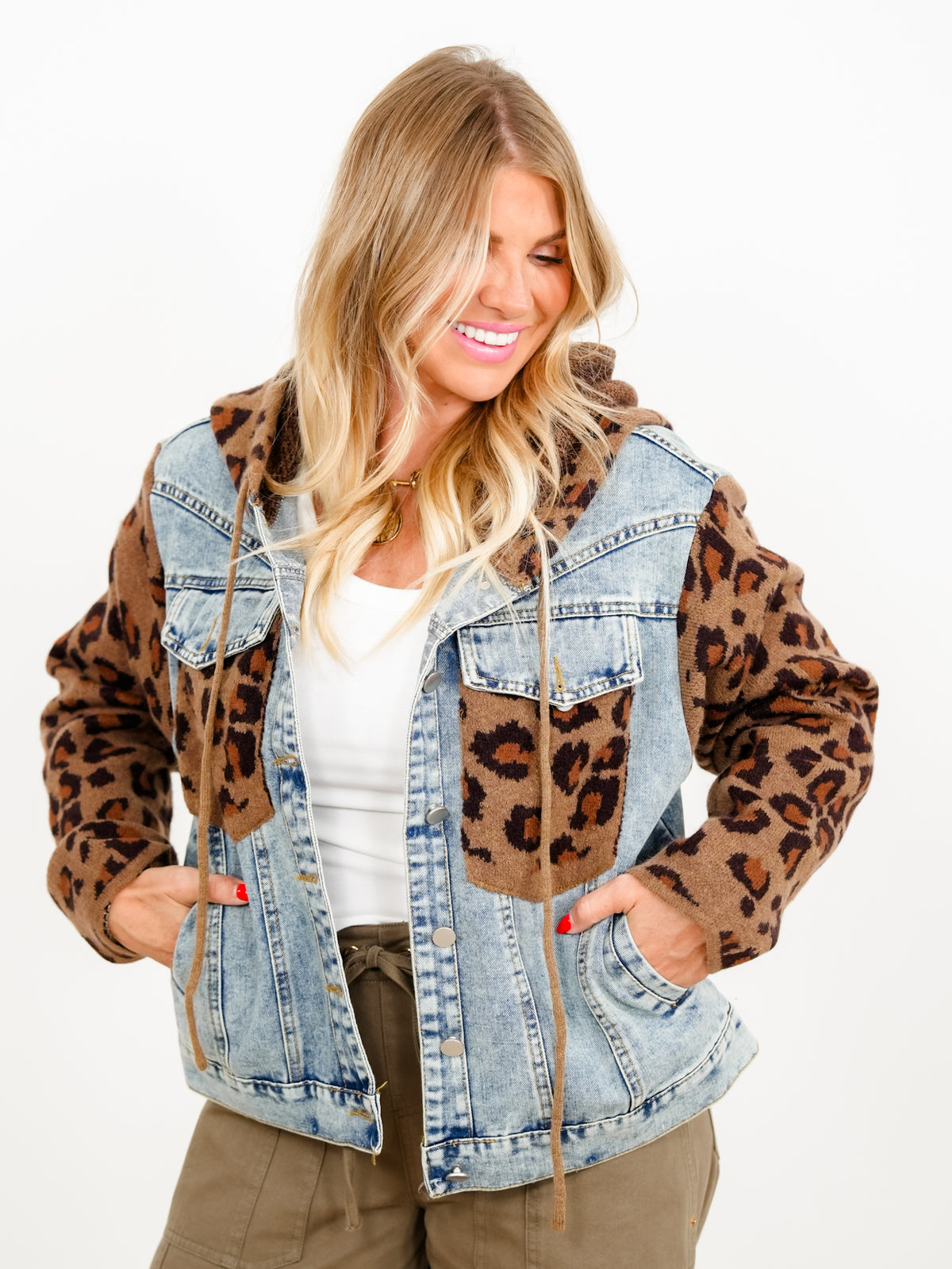 Contrast Animal Print Sleeve Hooded Jacket With Pockets