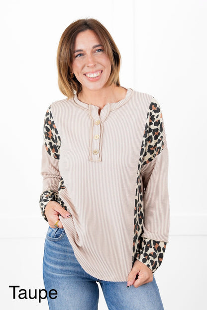 Plus/Reg Ribbed Long Sleeve Button Up Top with Leopard Detail