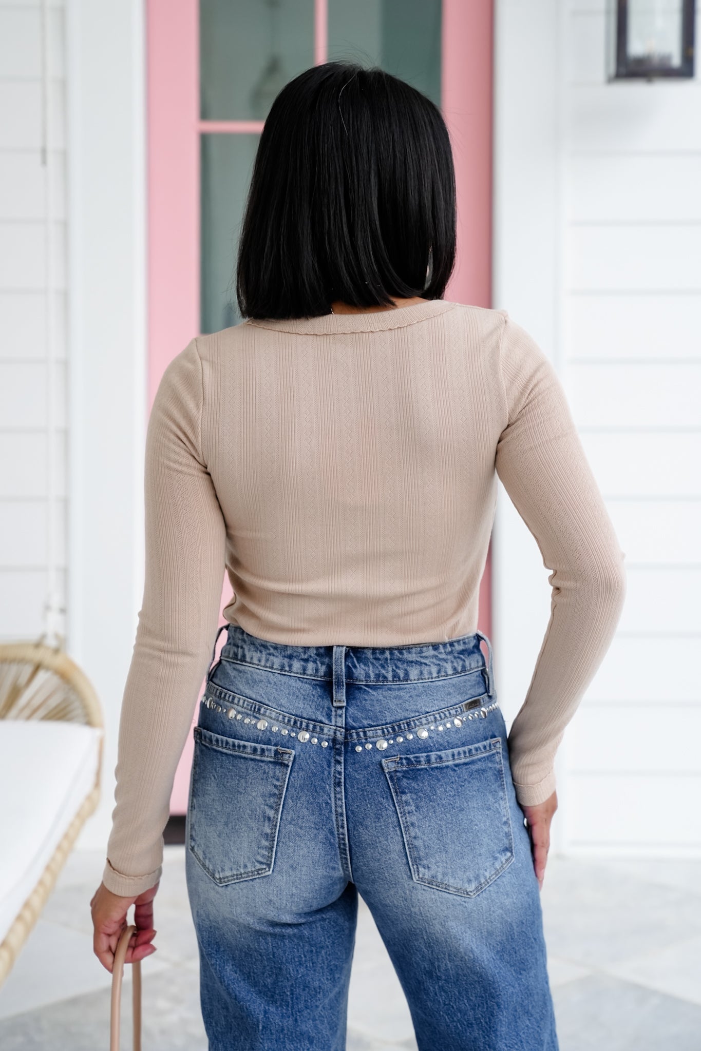 Knit Long Sleeve Square Neck Top with Bow Detail