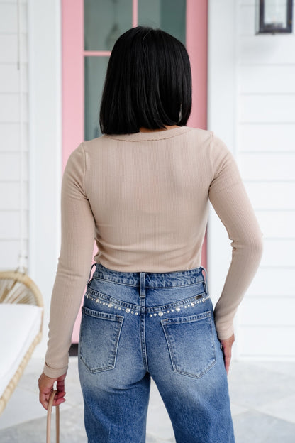 Knit Long Sleeve Square Neck Top with Bow Detail