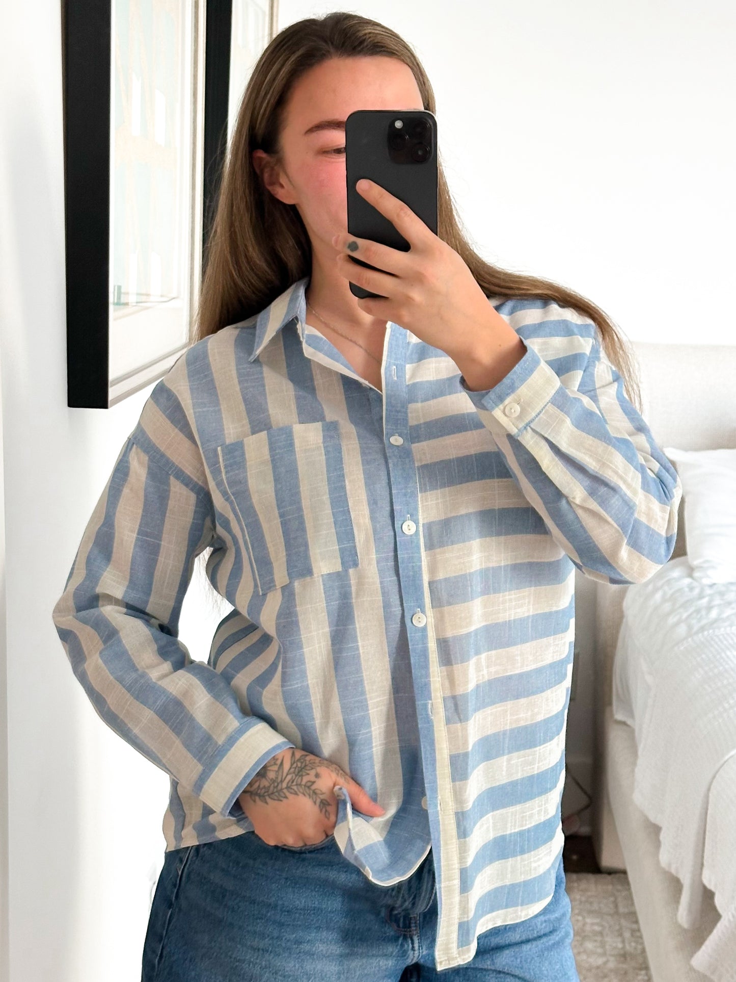 Striped Long Sleeve Button Down Collared Top