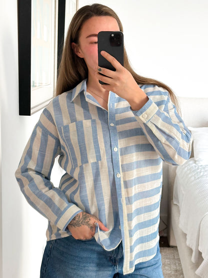 Striped Long Sleeve Button Down Collared Top