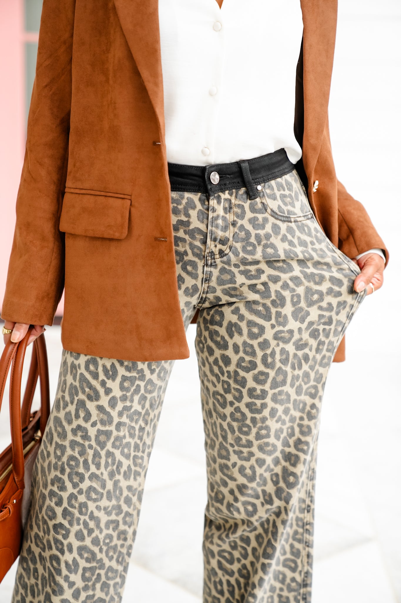 Risen High Rise Leopard Wide Leg Pants with Contrasting Waistband