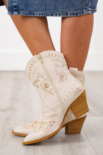 Corky's "Lets Go Girl" Embroidered Western Ankle Boot with Pointed Toe