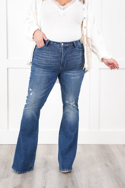 Judy Blue High Rise Dark Wash with Contrast Distressed Flare Jeans