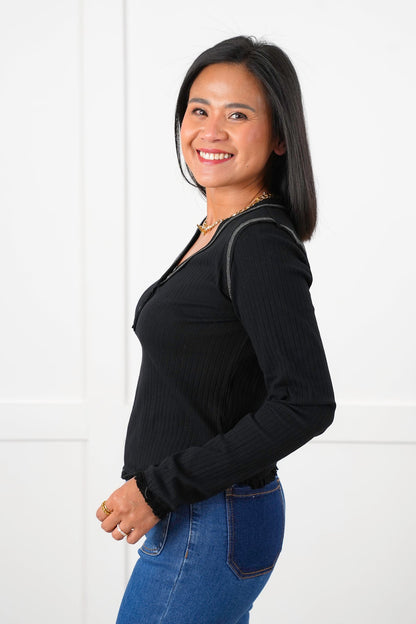 POL Black Ribbed Knit Long Sleeve Button Up Top with Seam Detail
