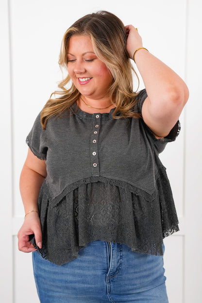 POL Short Sleeve Button Up Knit Top with Crochet Detail