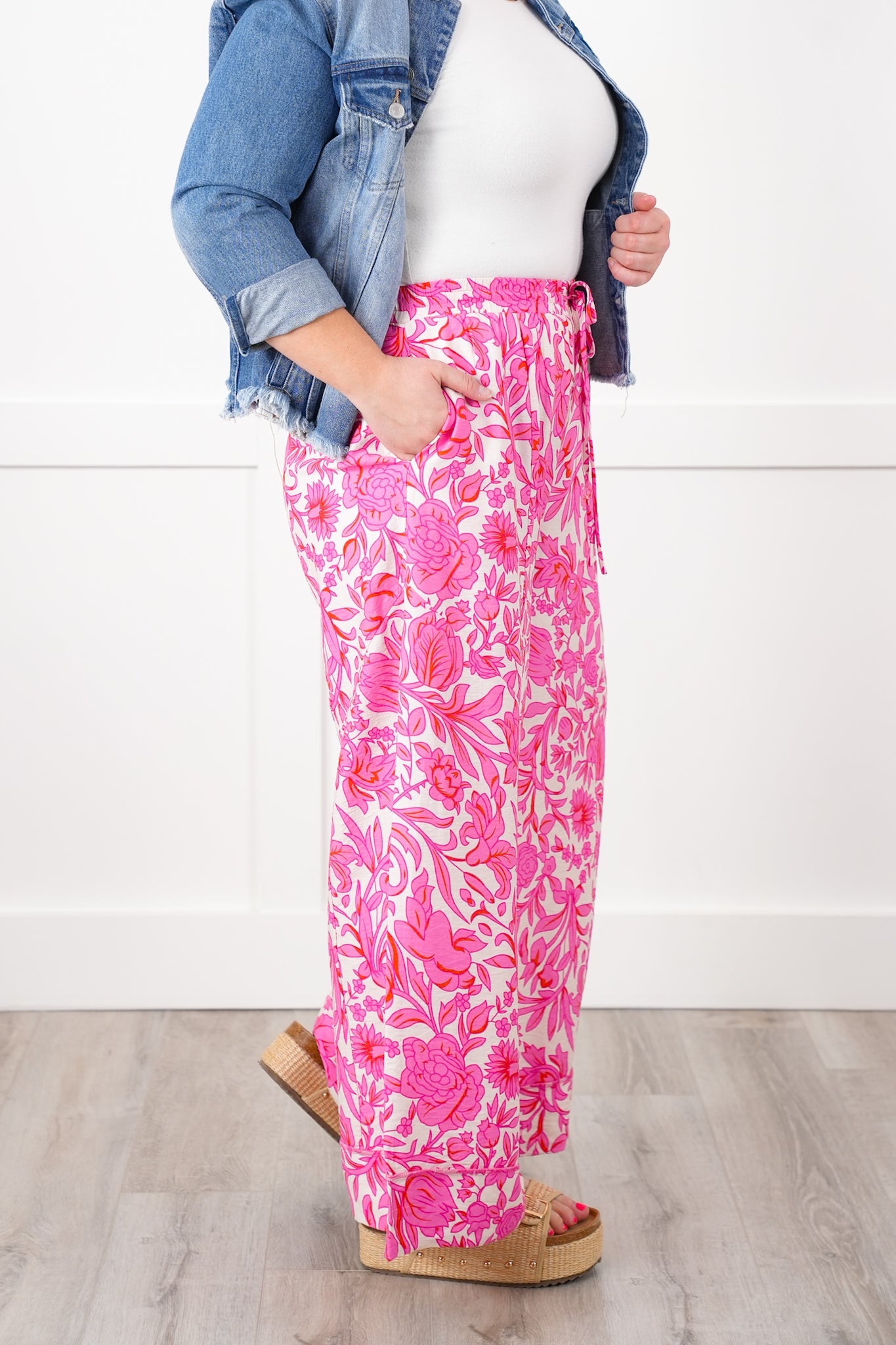 Floral Print Elastic Waist Wide Leg Pants with Side Pockets