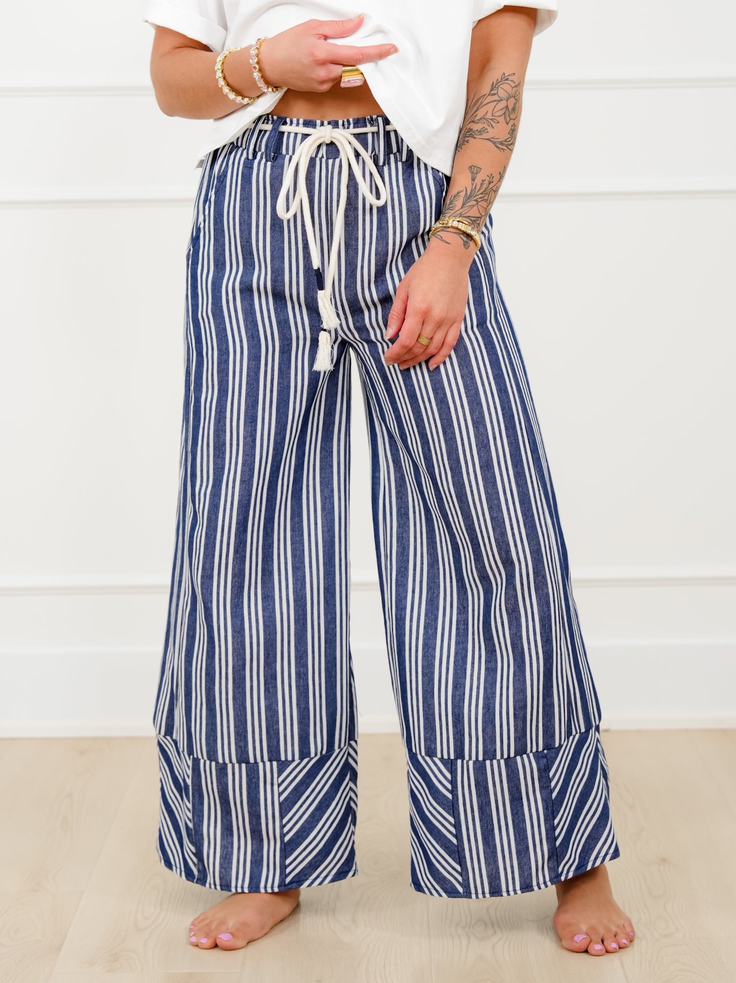 Stripe Linen Elastic Waist Wide Leg Pants
