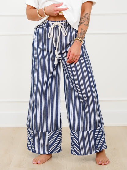Stripe Linen Elastic Waist Wide Leg Pants