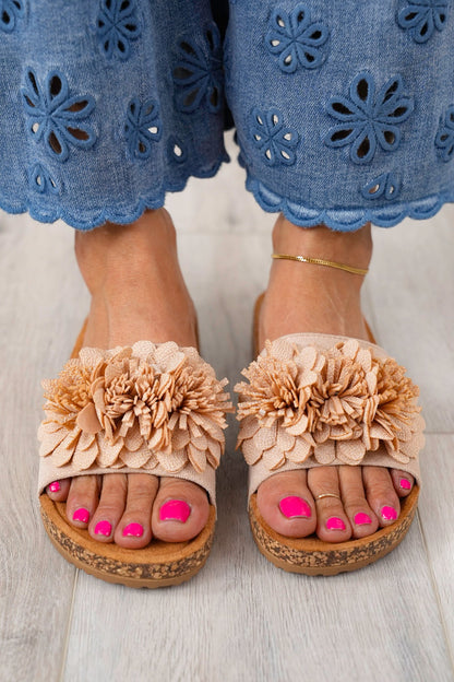 Corky's "Wild Child" Cork Slide Sandals with Floral Accents