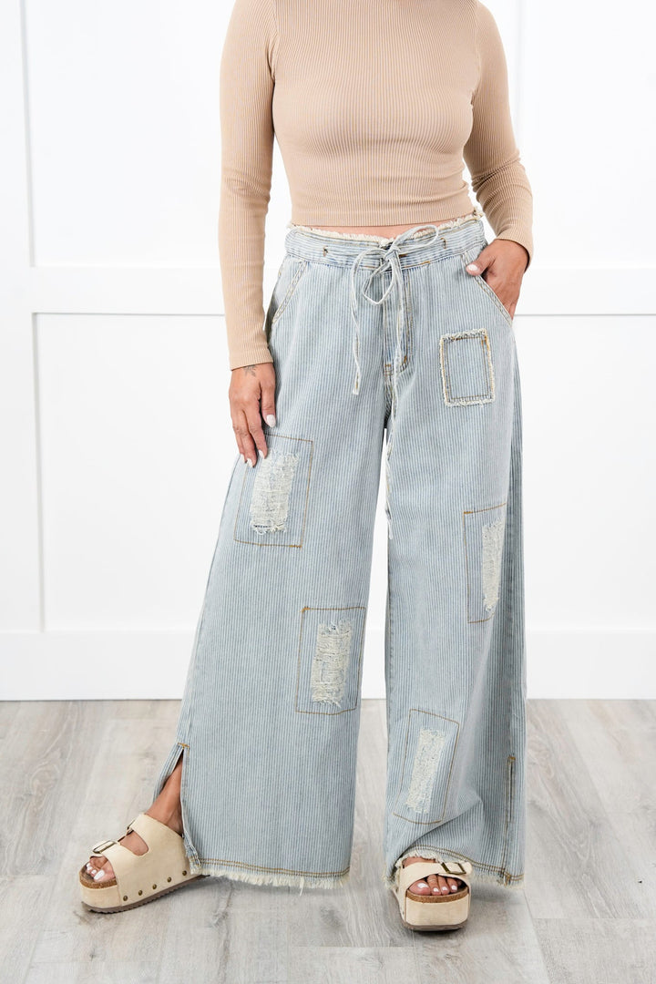 POL Denim Striped Wide Leg Pants With Distressing Detail