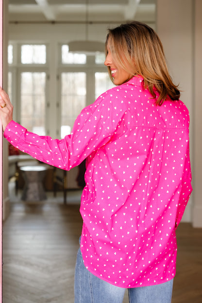 Plus/Reg Heart Print Long Sleeve Button Down Top with Chest Pockets