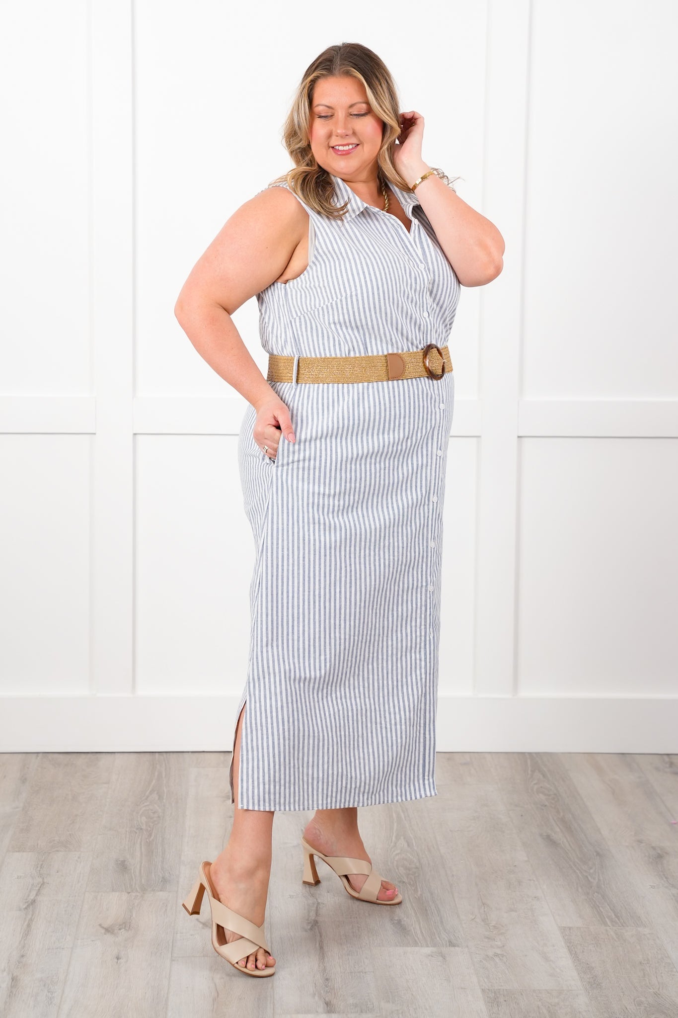 Plus/Reg Sleeveless Stripe Button Down Belted Maxi Dress