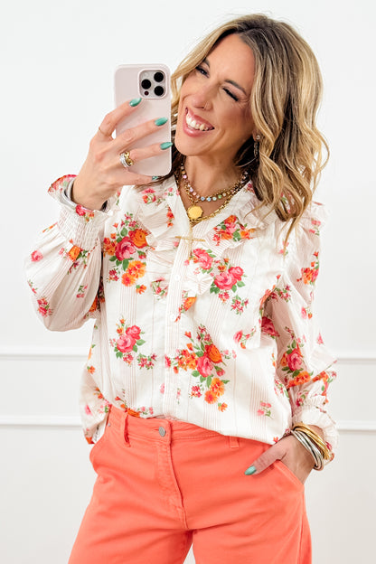 Floral & Stripe Print Long Sleeve Button Up Blouse