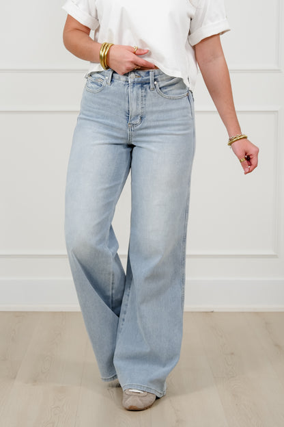 Judy Blue Secret Sauce 2.0 High Rise Light Wash Petite/Reg Tummy Control Retro Wide Leg Jeans