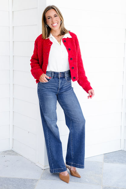 Restock! Risen Material Girl High Rise Medium Wash Tummy Control Double Button Elastic Waistband Jeans