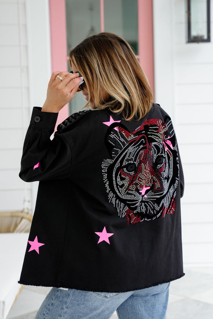 Black Long Sleeve Button Shacket with Rhinestone Tiger Detail
