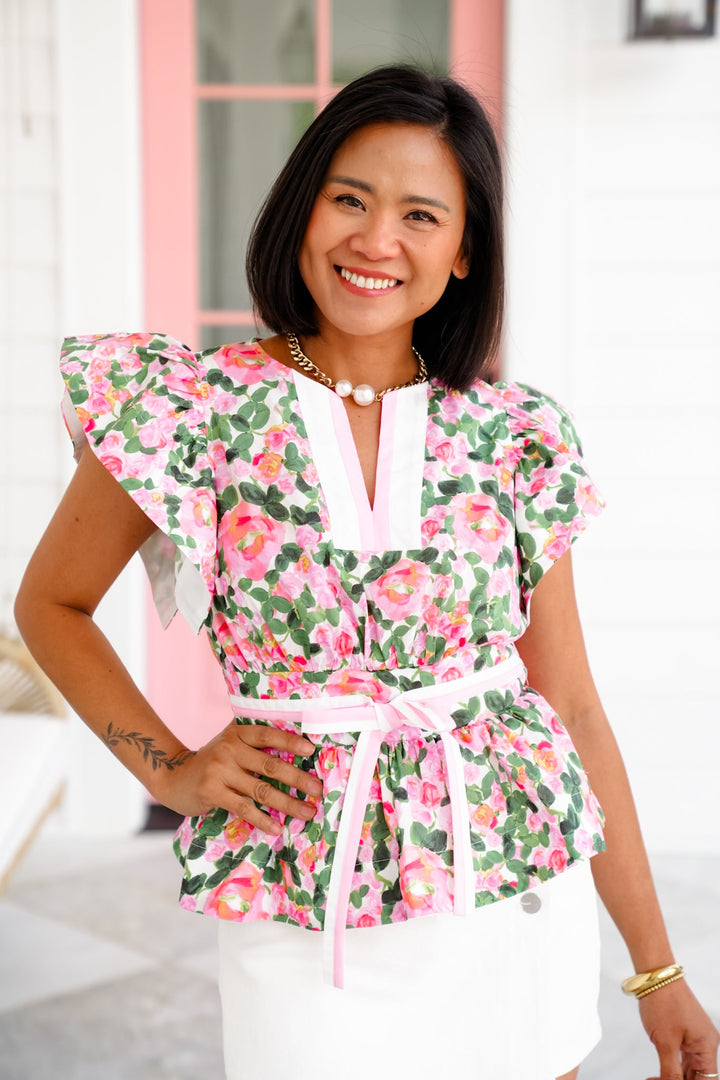 Floral Print Short Flutter Sleeve V Neck Top With Tie Detail