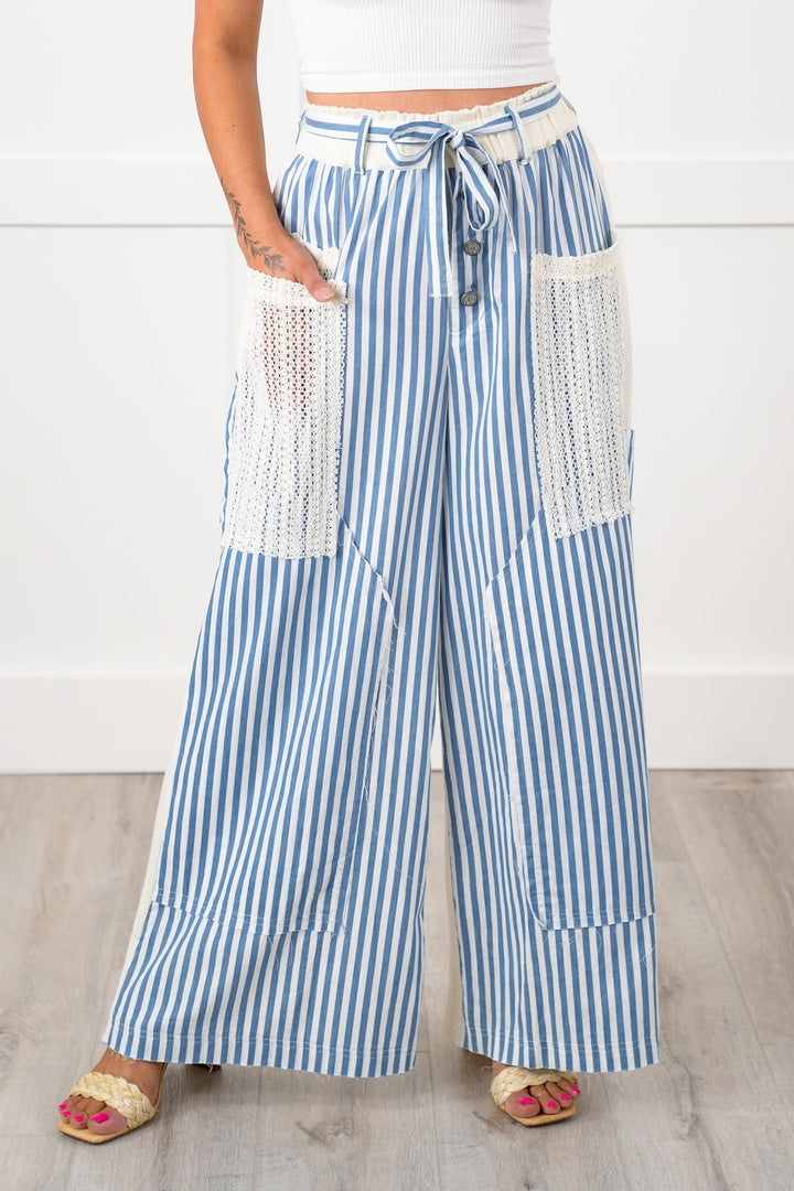 POL Stripe Woven Pants with Crochet Detail