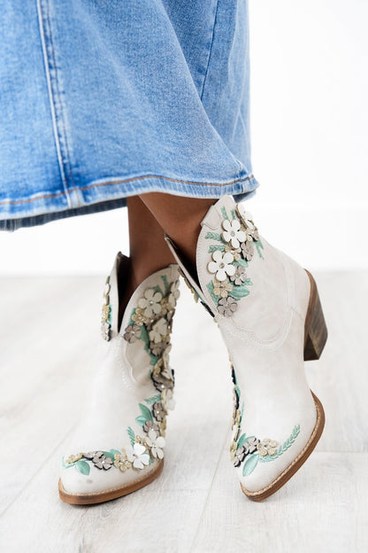 Western Ankle Bootie with Floral Details