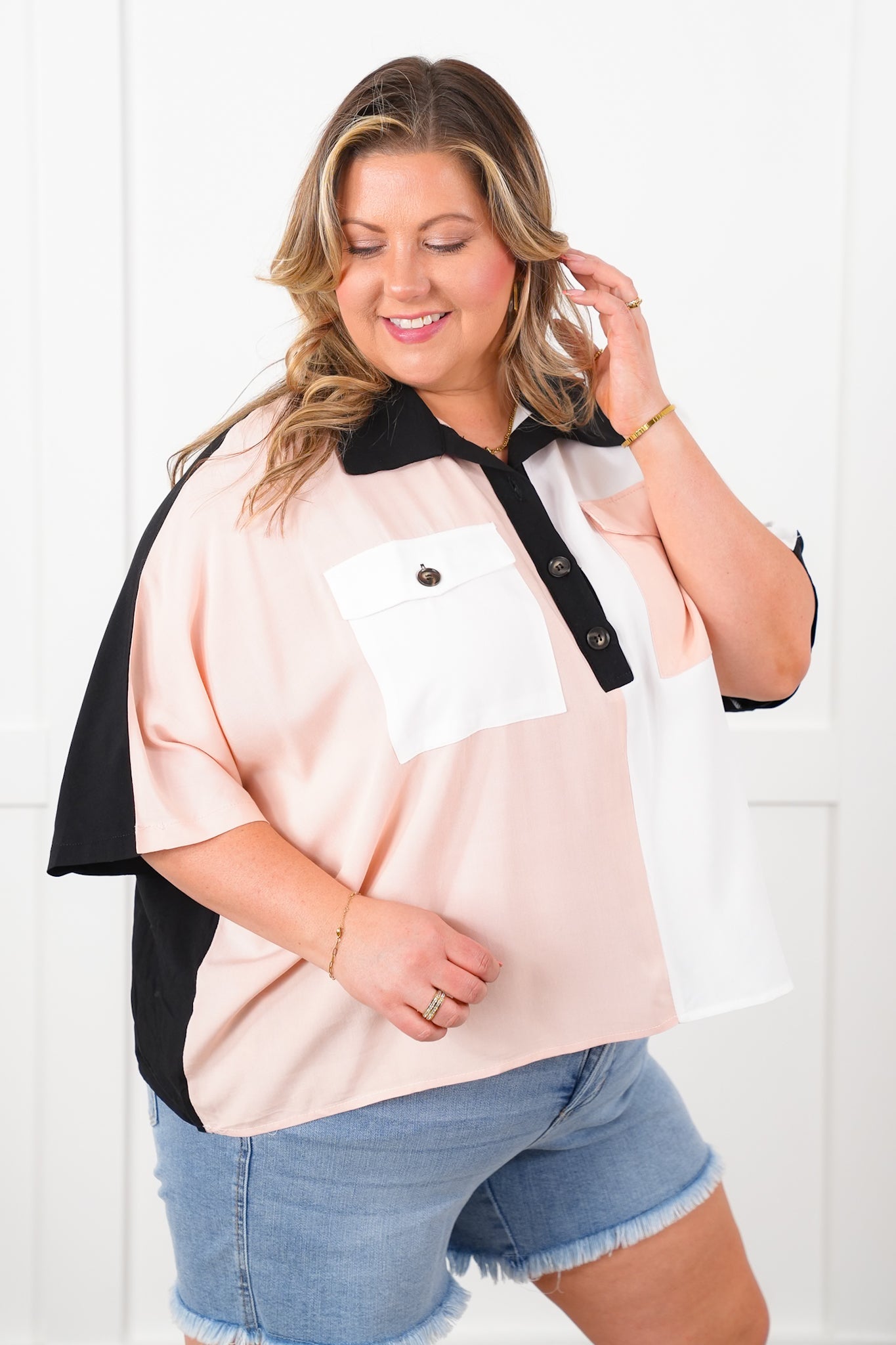 Color Block Short Dolman Sleeve Button Up Top