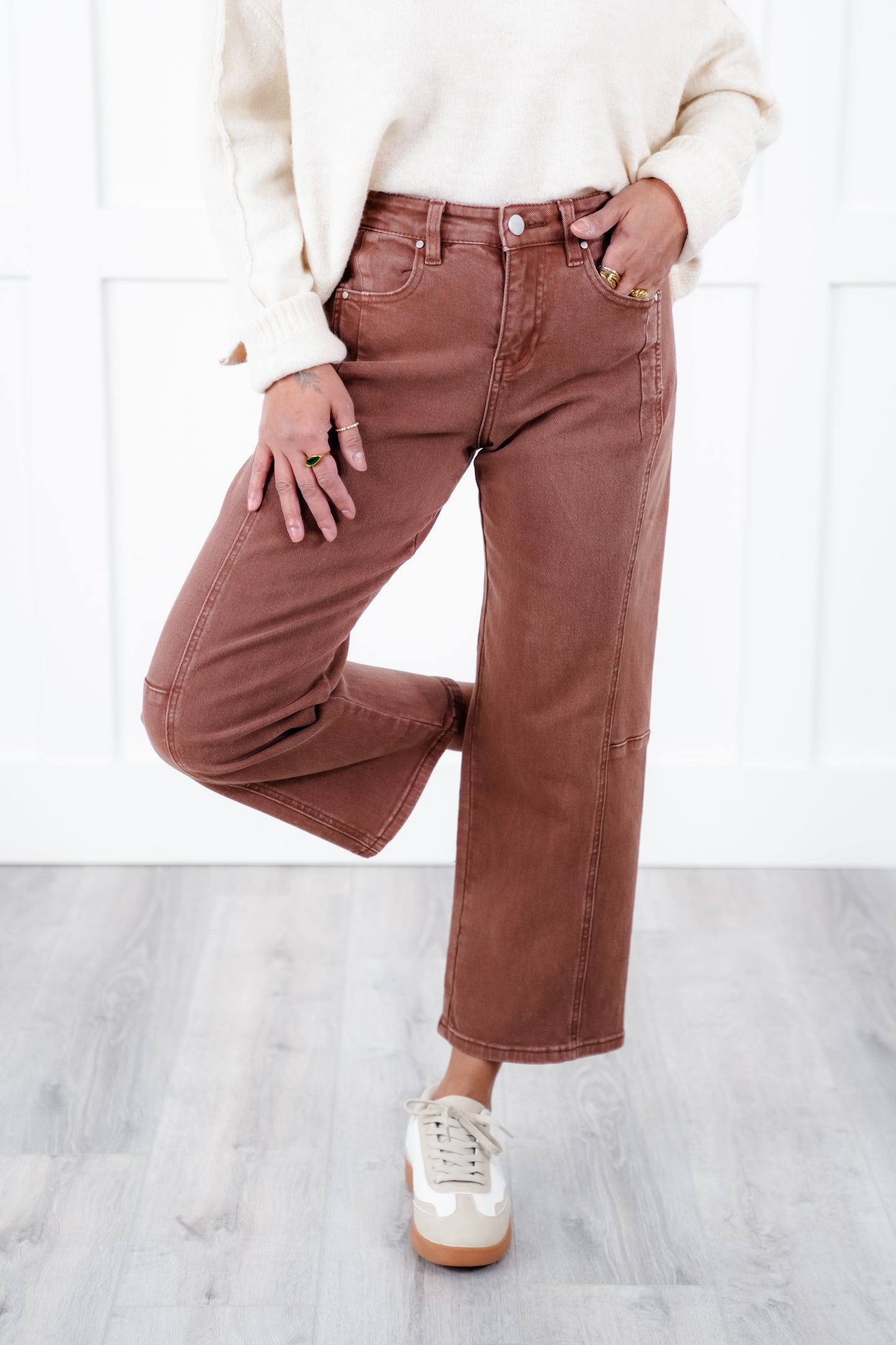 Risen High Rise Brown Cropped Wide Leg Barrel Jeans