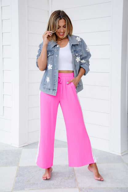 Pink Elastic Waist Pants with Side Stripe Detail