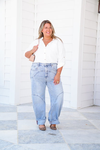 Saige High Rise Light Wash Barrel Jeans with Wide Cuff
