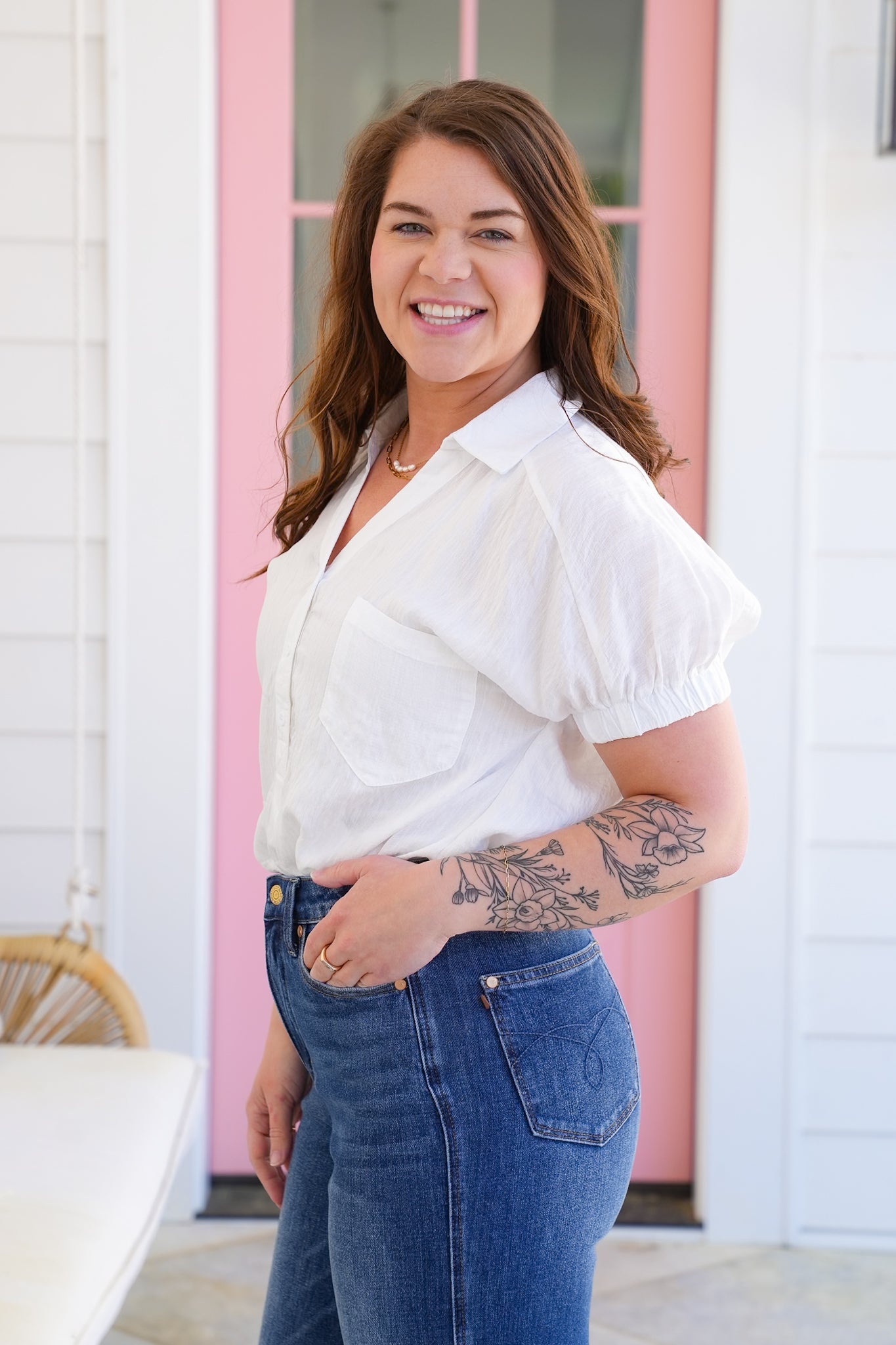 White Short Sleeve Button Up V Neck Top