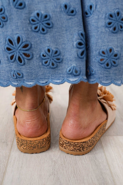 Corky's "Wild Child" Cork Slide Sandals with Floral Accents