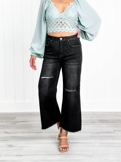 Risen High Rise Black Frayed Ankle Wide Leg Jeans