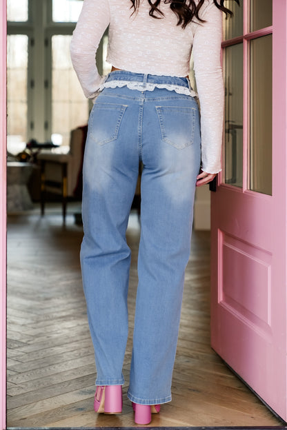 Lace Trim High Waist Straight Leg Jeans