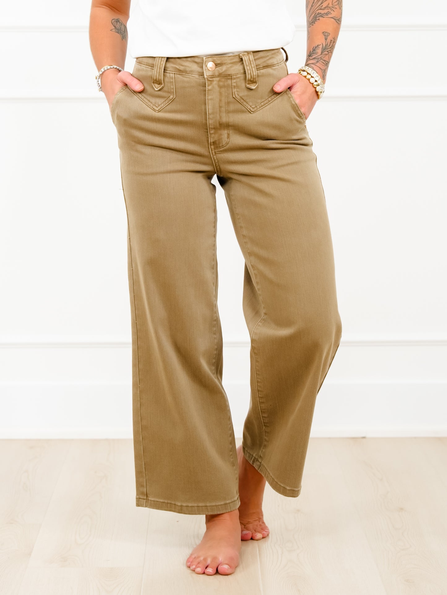 Judy Blue High Rise Yoke Front Brown Wide Leg Ankle Jeans
