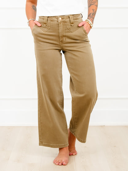 Judy Blue High Rise Yoke Front Brown Wide Leg Ankle Jeans