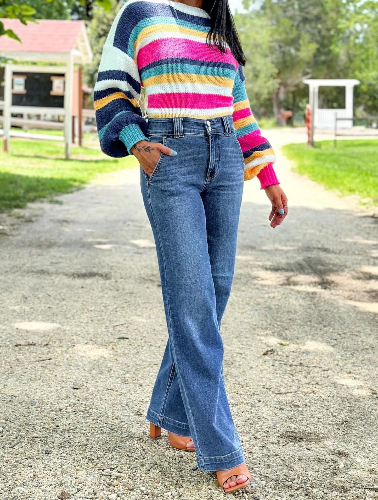 Restock! Judy Blue Anytime Anyplace Medium Wash High Waisted Double Button Wide Leg Jeans