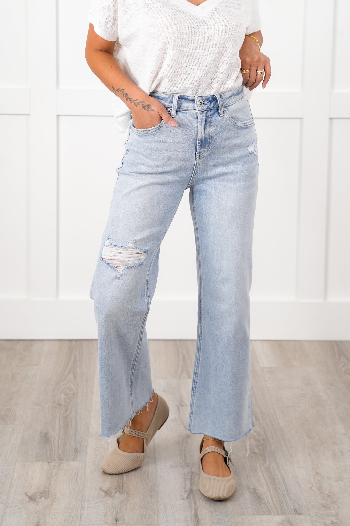 Mica High Rise Light Wash Raw Hem Wide Leg Jeans