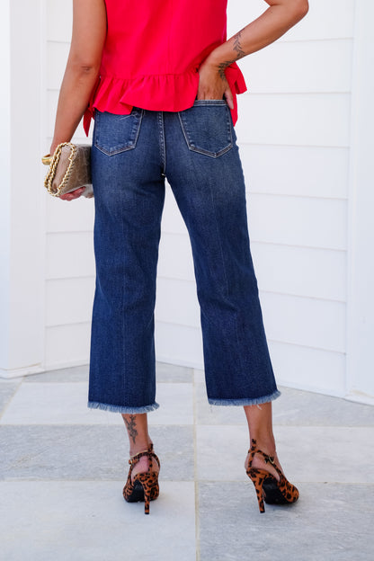 Judy Blue High Rise Medium Wash Button Fly Distressed Hem Cropped Wide Leg Jeans