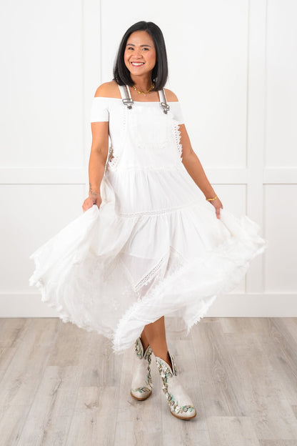 White Overall Dress with Embroidery Detail