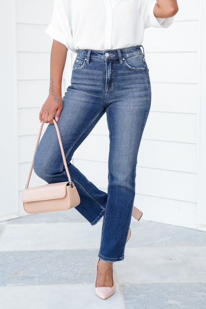 Risen High Rise Dark Wash Tummy Control Crop Straight Leg Jeans