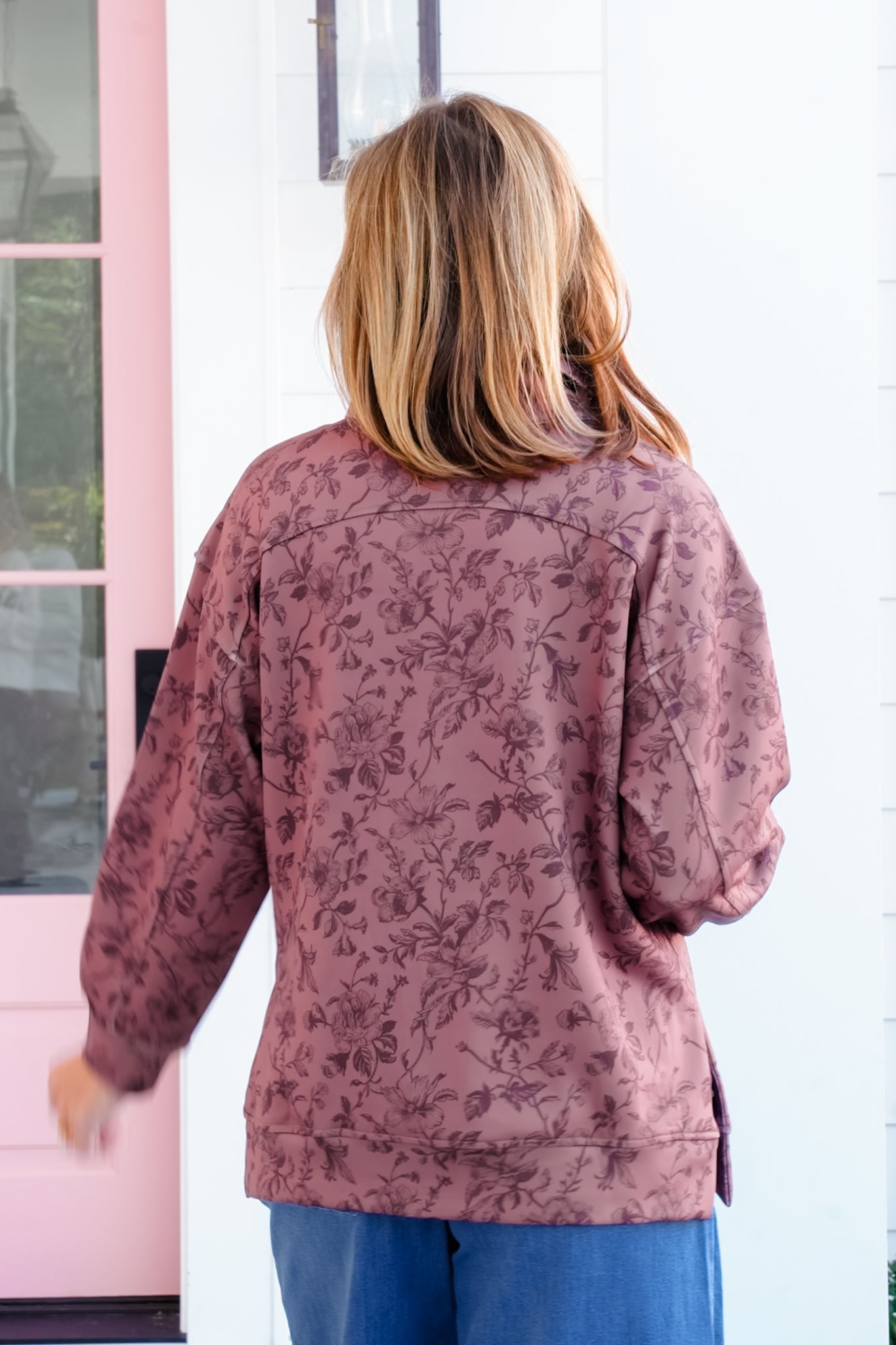 Plus/Reg Rosewood Print Long Sleeve 1/4 Zip Pullover Top