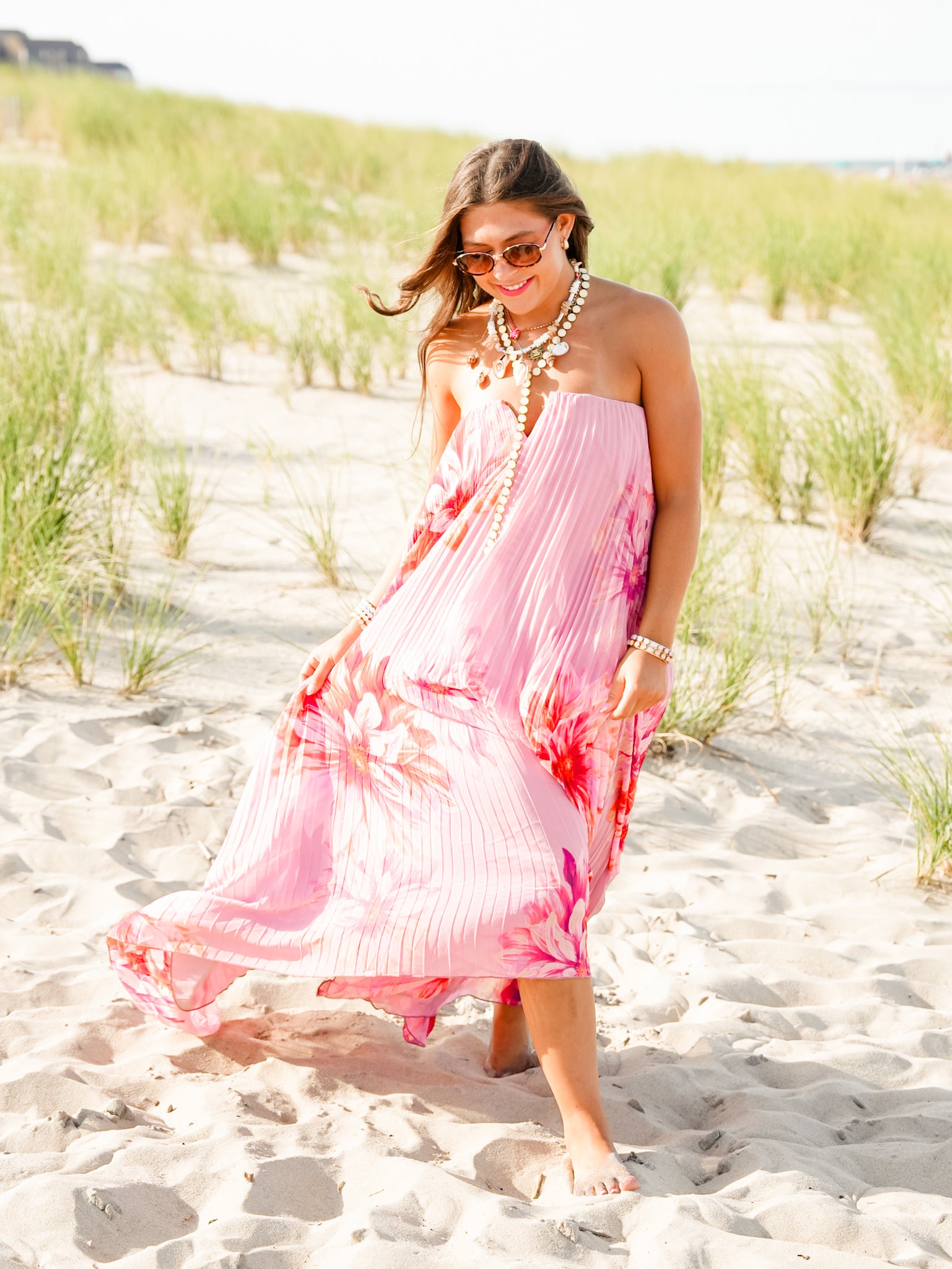 Floral Pleated Strapless Asymmetrical Hem Maxi Dress - Freckled Poppy