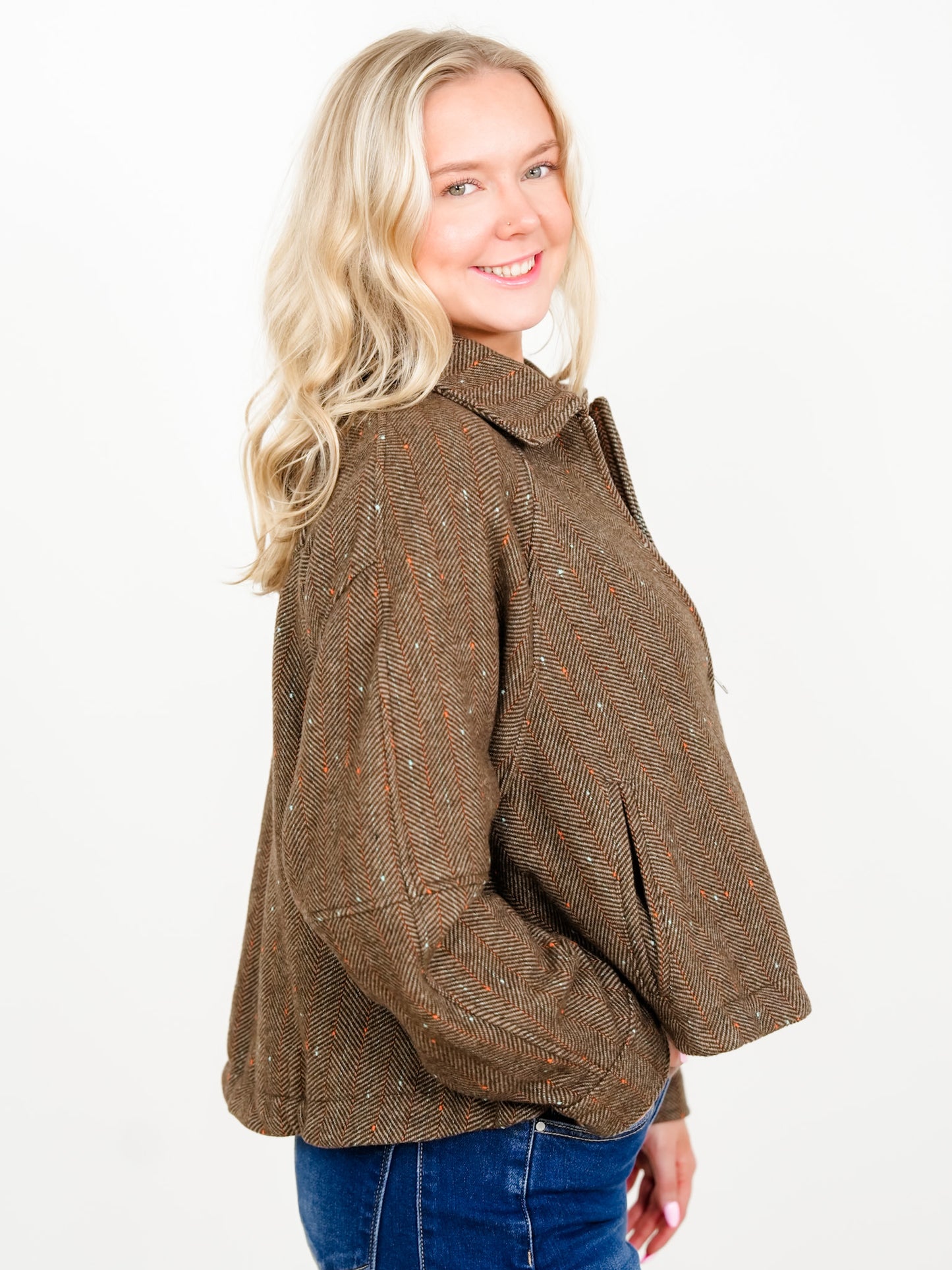 Plus/Reg Herringbone Tweed Zip Up Bomber Jacket