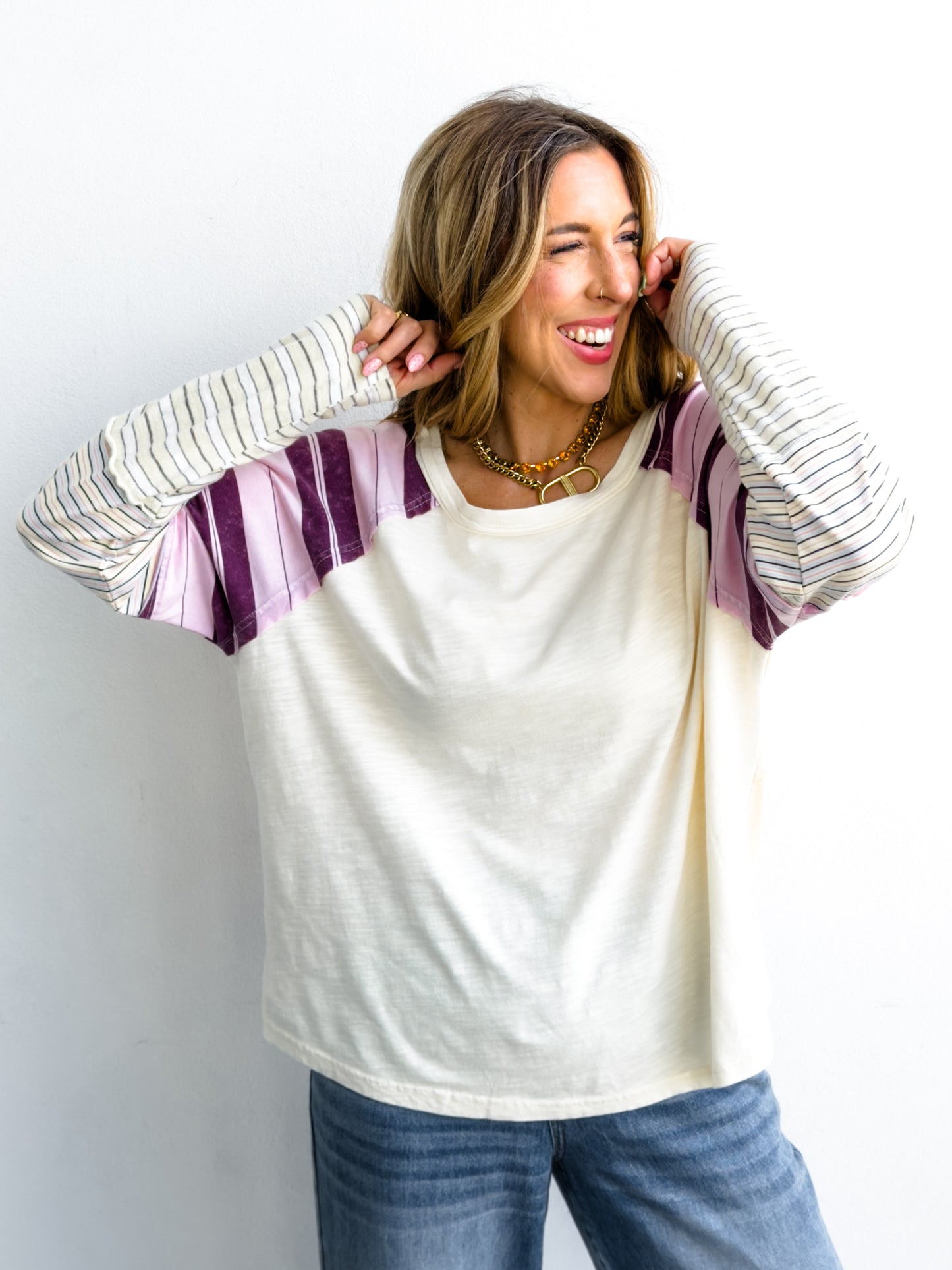 Knit Long Sleeve Round Neck Top with Stripes