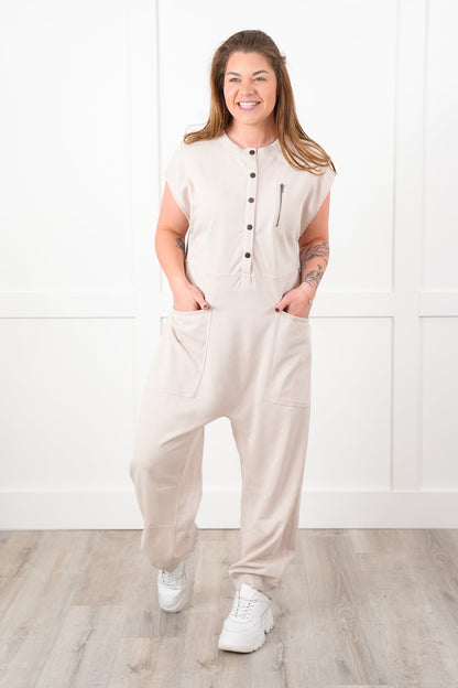 Plus/Reg Taupe Short Sleeve Button Up Knit Jumpsuit with Front Pockets