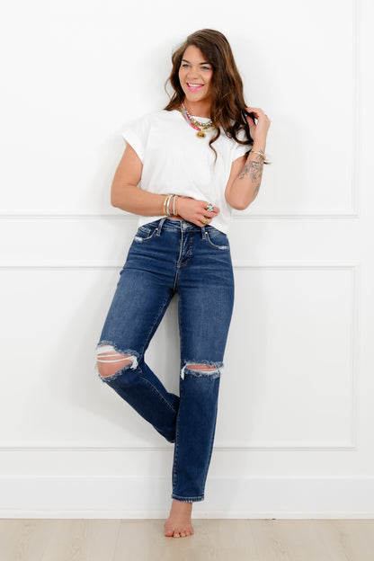 Risen High Rise Dark Wash Tummy Control Distressed Girlfriend Jeans