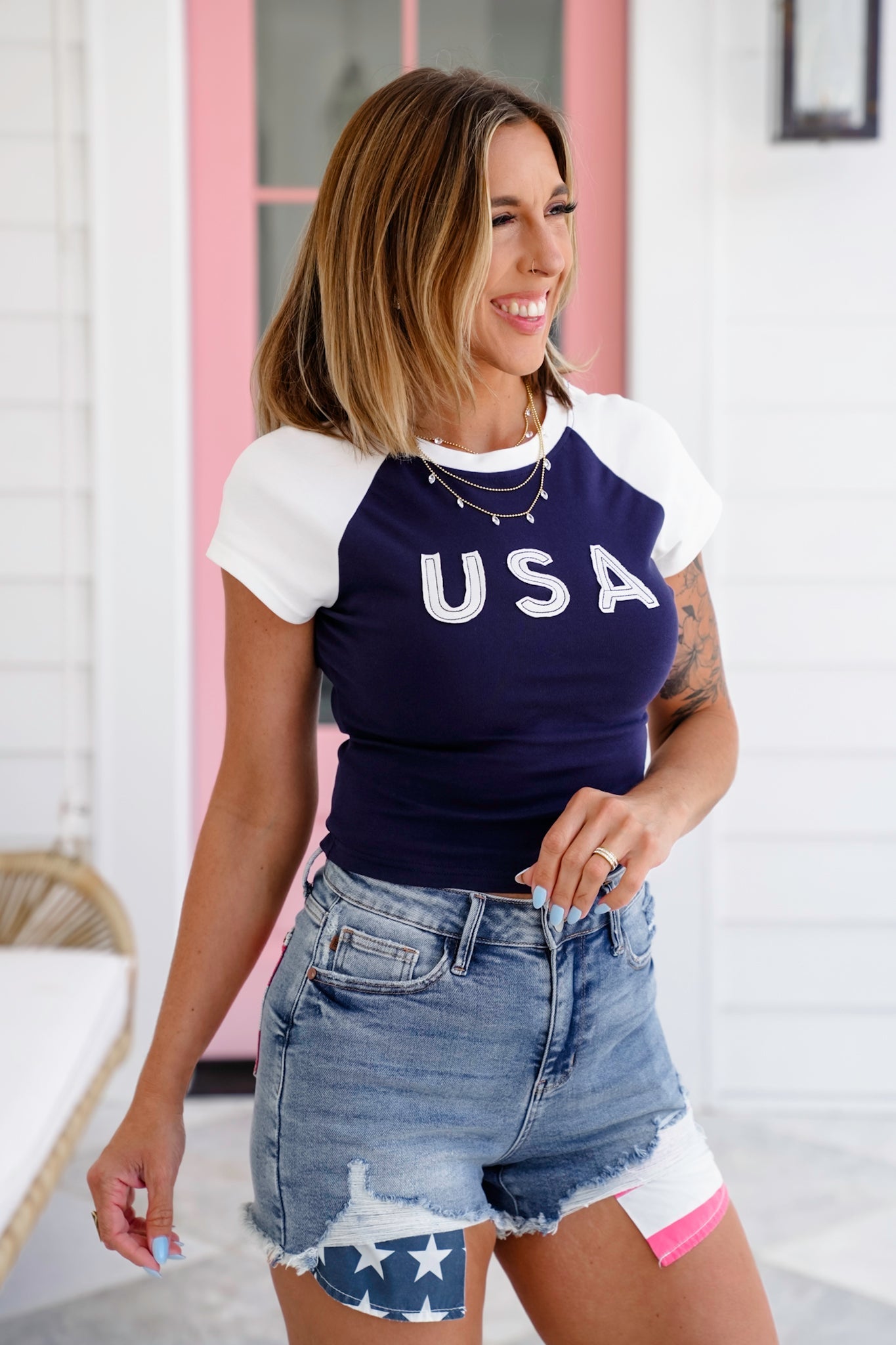 Color Block Cap Sleeve "USA" Patch Baby Tee