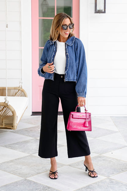 Solid Wide Leg Cropped Pants with Patch Pocket Detail