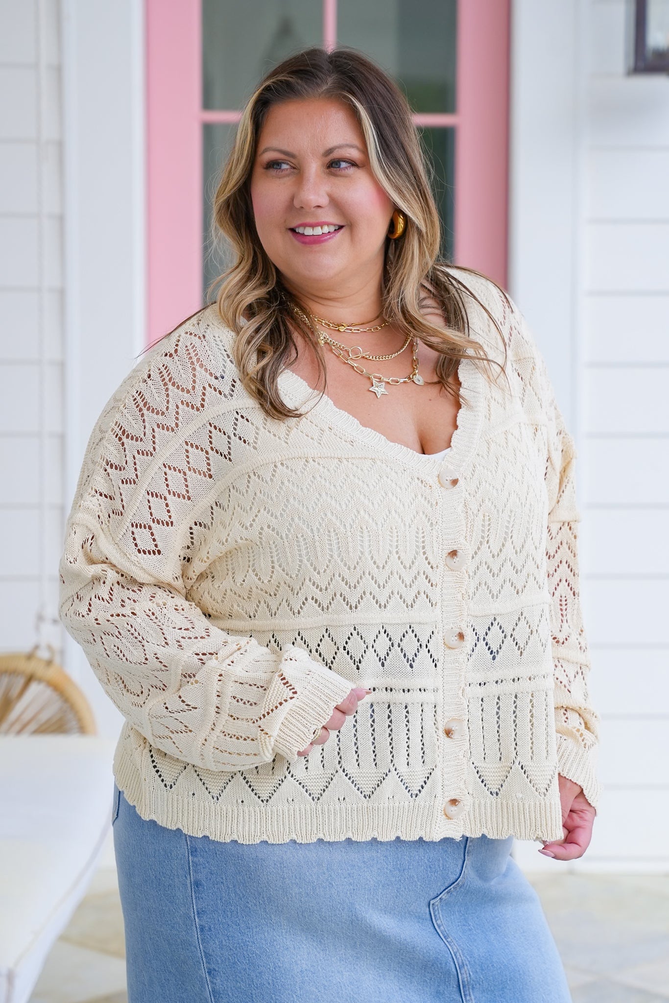 Plus/Reg Beige Loose Knit long Sleeve Button Down Cardigan